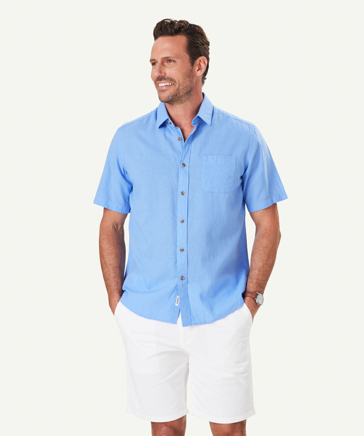 Linen Blend Plain Short Sleeve Shirt - Ocean - Short Sleeve Shirts - GAZMAN
