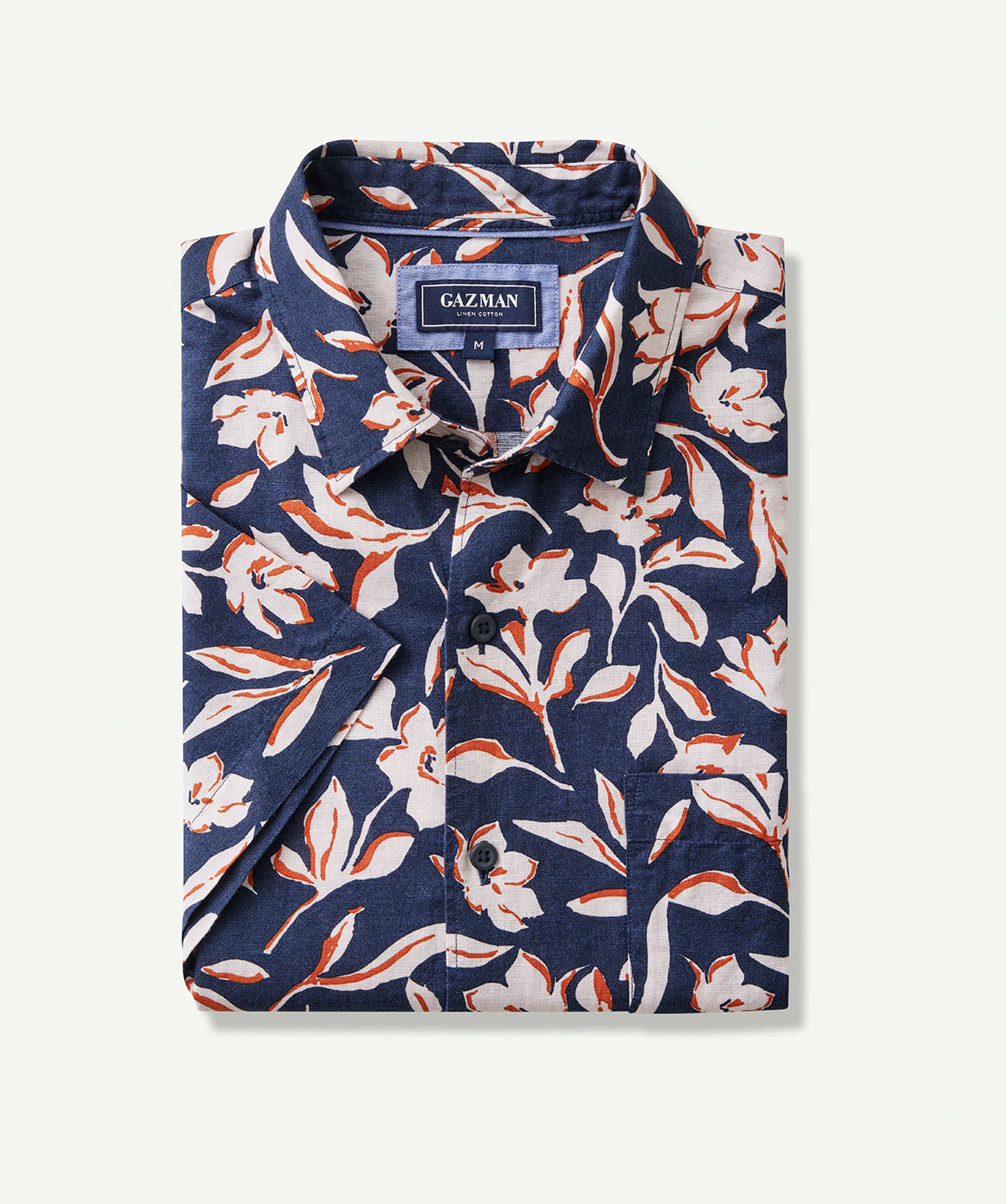 Linen Blend Floral Print Short Sleeve Shirt - Navy - Short Sleeve ...