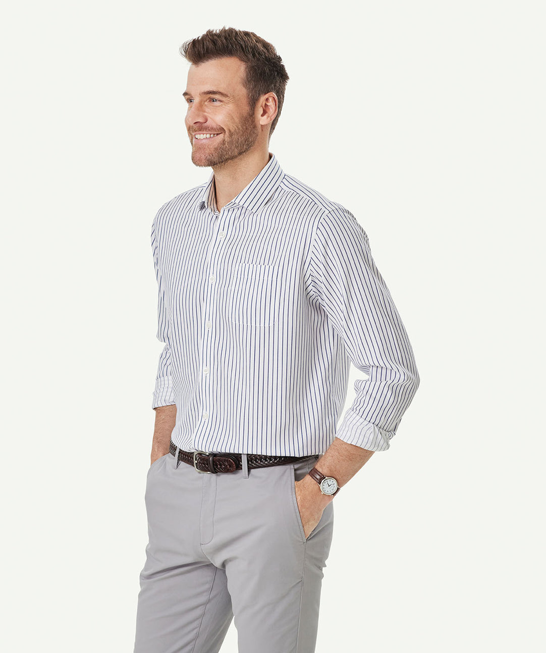Non-Iron Dobby Stripe Long Sleeve Shirt - White