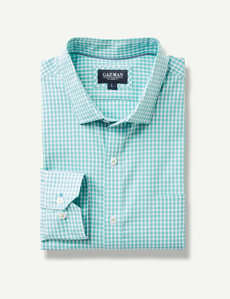 Tailored Easy Care Check Long Sleeve Shirt - Green-GAZMAN