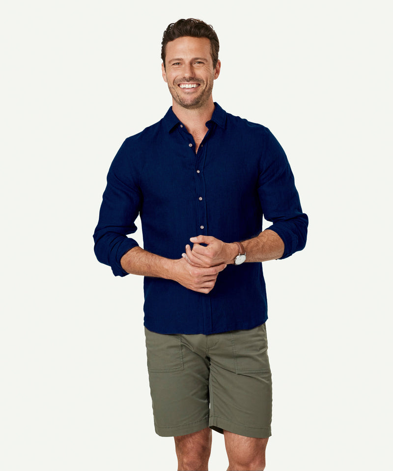Tailored Pure French Linen Long Sleeve Shirt - French Navy-GAZMAN