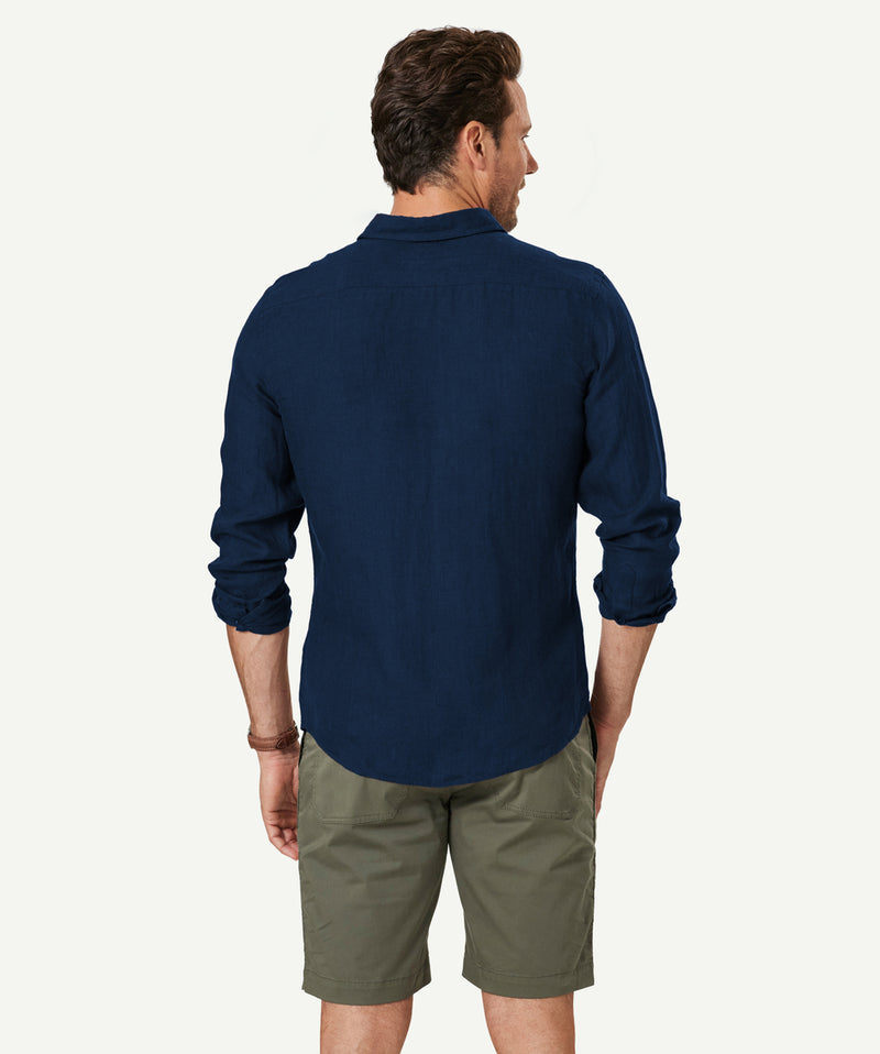 Tailored Pure French Linen Long Sleeve Shirt - French Navy-GAZMAN