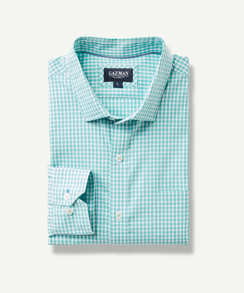 Tailored Easy Care Check Long Sleeve Shirt - Green-GAZMAN-2