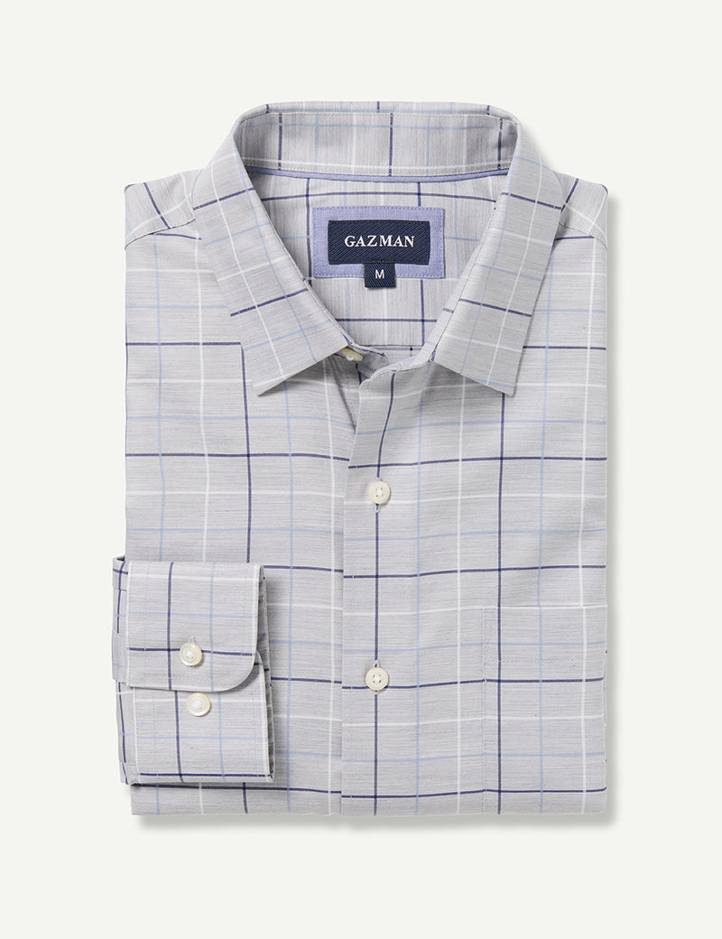 Easy Care Twill Check Long Sleeve Shirt - Grey Melange-GAZMAN